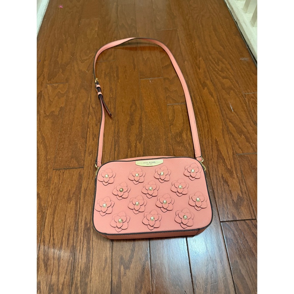 Henri Bendel Pink Saffiano Leather Floral Applique Crystal Crossbody Bag